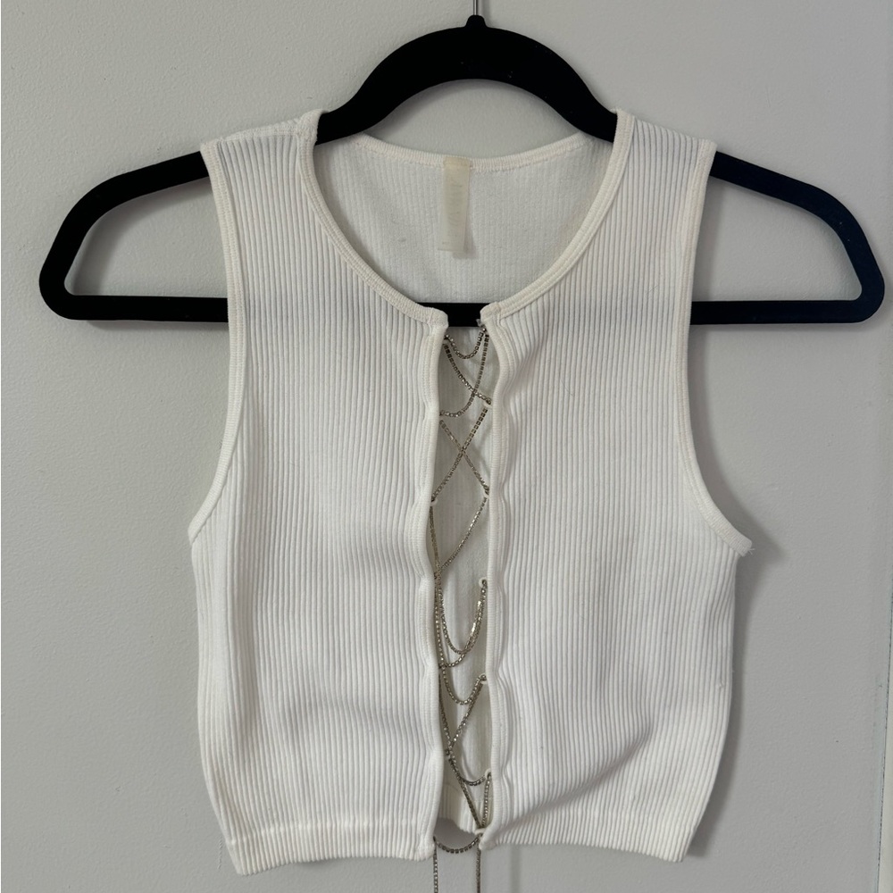 White Sleeveless Ribbed Top with Chain Detail